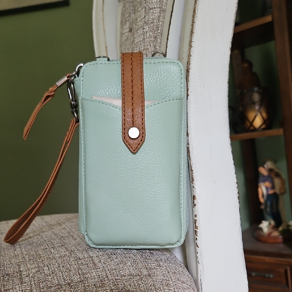 The Sak Mint Green and Brown Wristlet Phone Bag